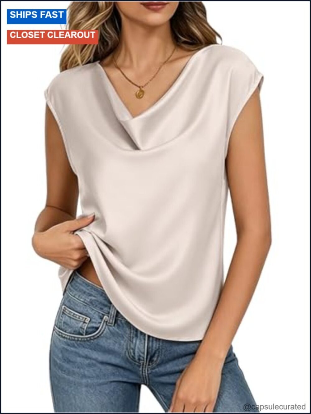 Women's Cowl Neck Cap Sleeve Silk Satin T-Shirt Business Office Blouse